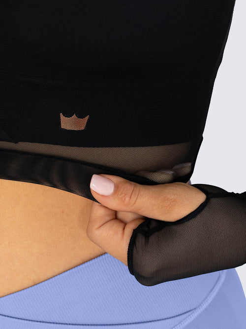 Mesh Long Sleeve Crop Top - Black