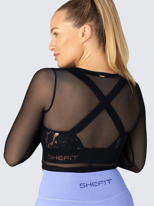Mesh Long Sleeve Crop Top - Black