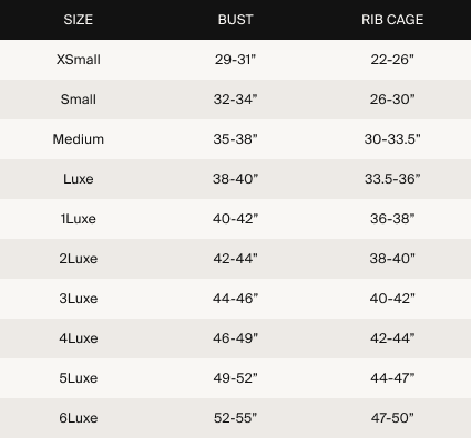 Size guide in inches
